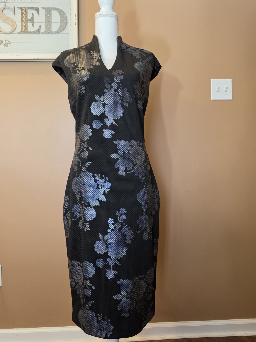 New York & Company Black Midi Dress with Blue Floral Print
